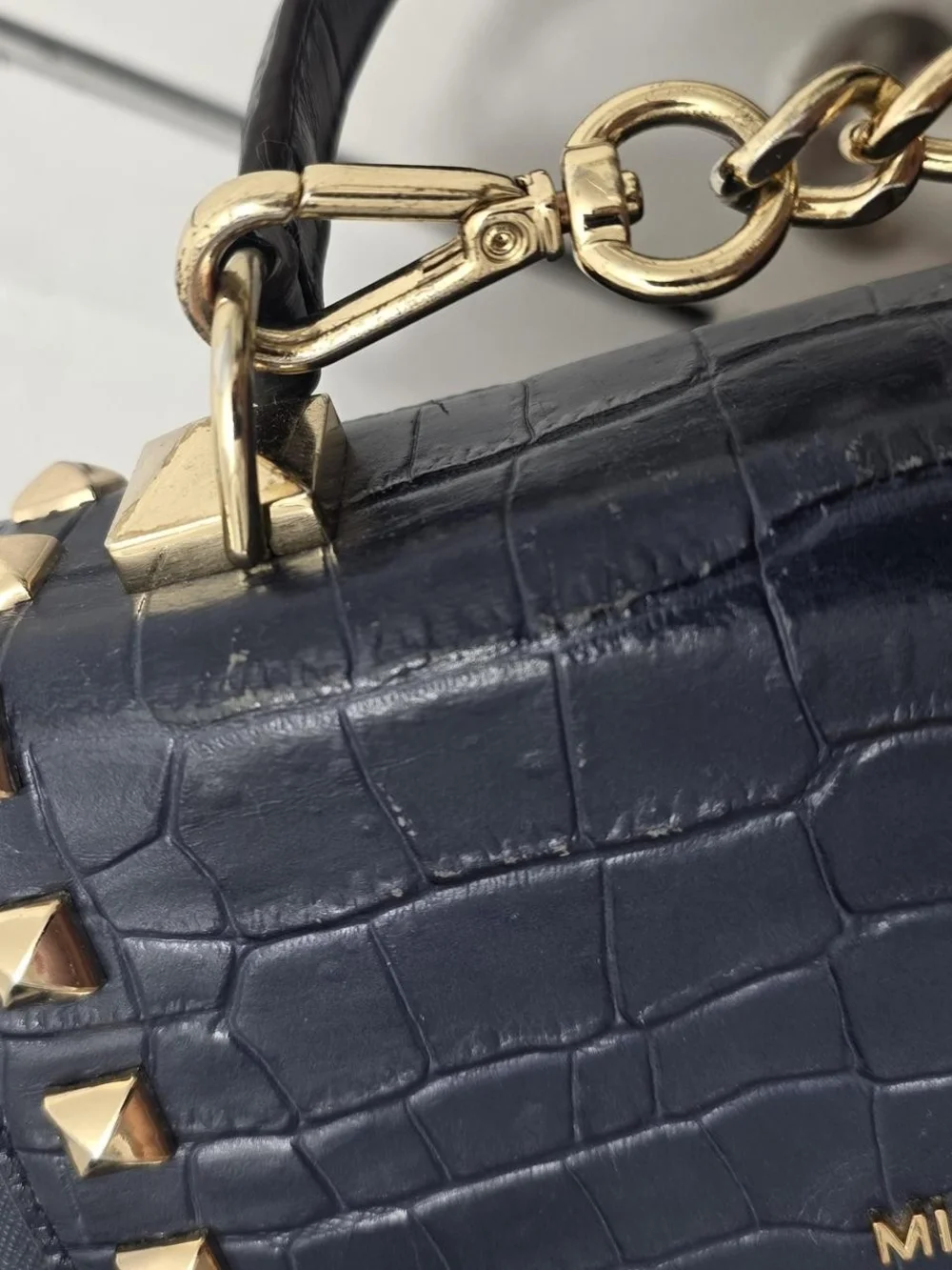 Michael Kors Navy Croc-Embossed Top-Handle Satchel with Gold Chain